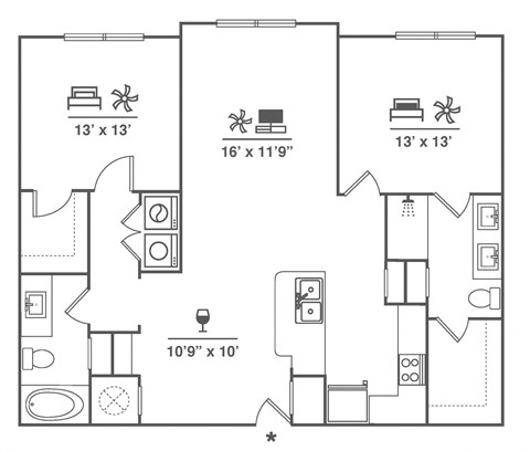 Floor plan for 2 beds, 2 baths, 1219 sqft